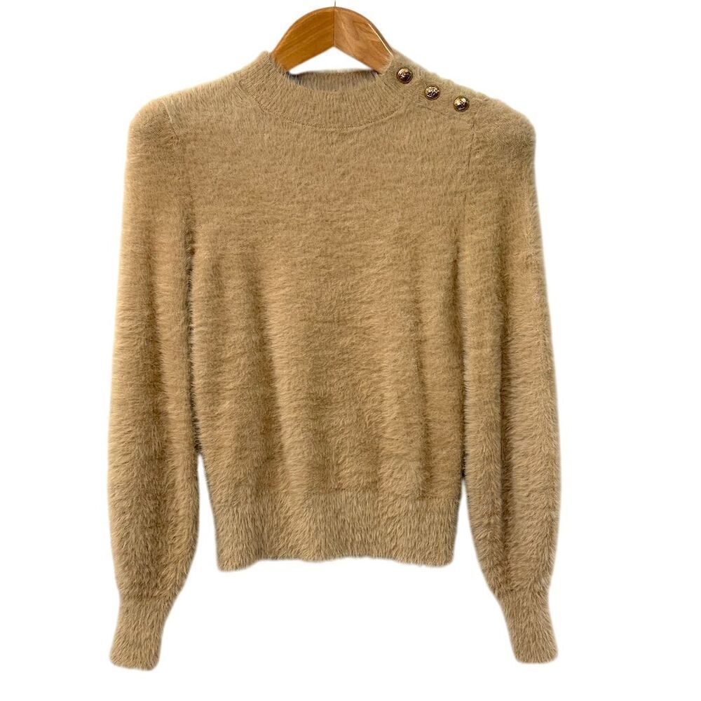 Banana Republic Fuzzy Camel Sweater XS Gold Crest Mock Neck Neutral Quiet Luxury